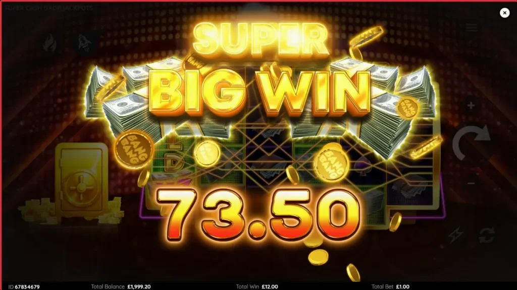 Tampilan layar permainan slot Super Cash Drop Jackpots dengan nuansa neon dan brankas