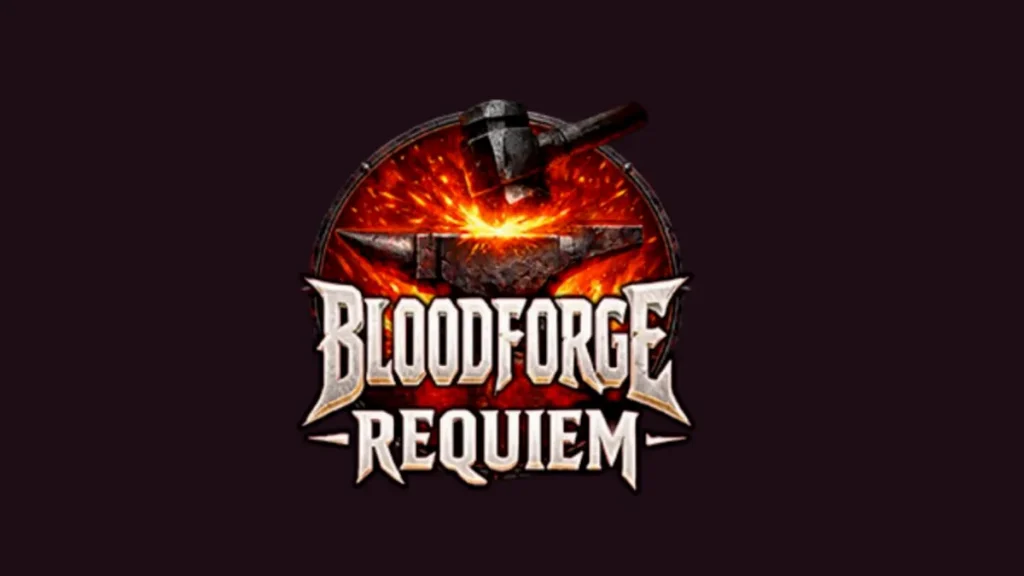 Tampilan visual slot Bloodforge Requiem dengan tema pandai besi fantasi gelap